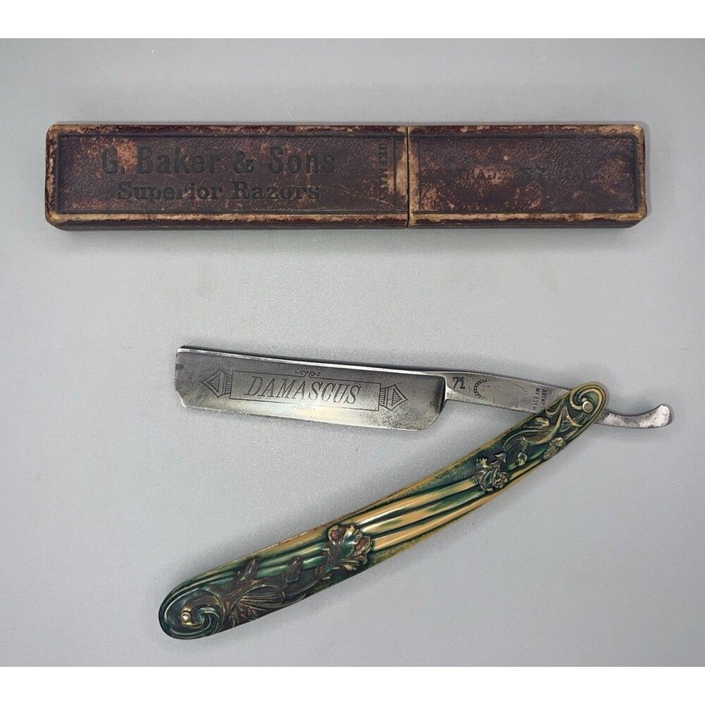 Vtg Damascus Straight Razor Celluloid Floral Engraved Handle 71 Germany + Box